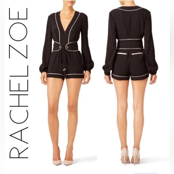Rachel Zoe Paloma Long-Sleeve Romper Jumpsuit Black Nude White Size 0 - Picture 1 of 15